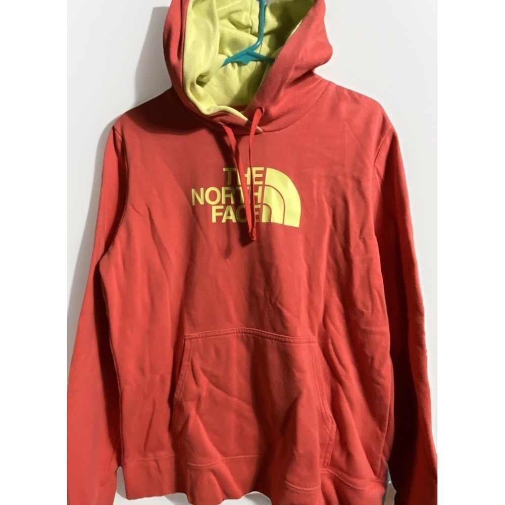 The North Face Women's Large Hoodie Coral Neon Yellow Big Logo Sweatshirt‎